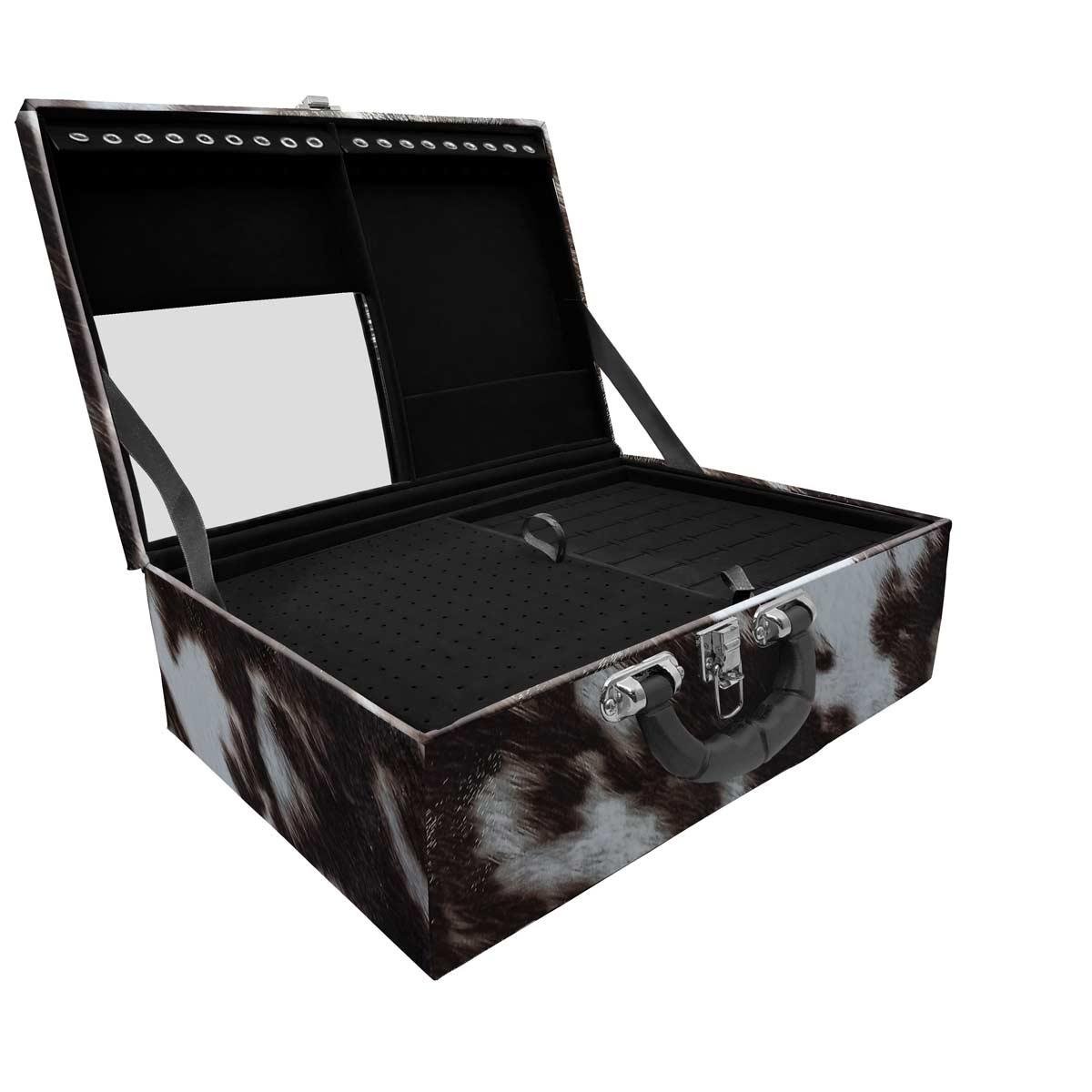 Estojo Maleta Porta Jóias Triplo Grande Vaca Com Alça Preta e Espelho