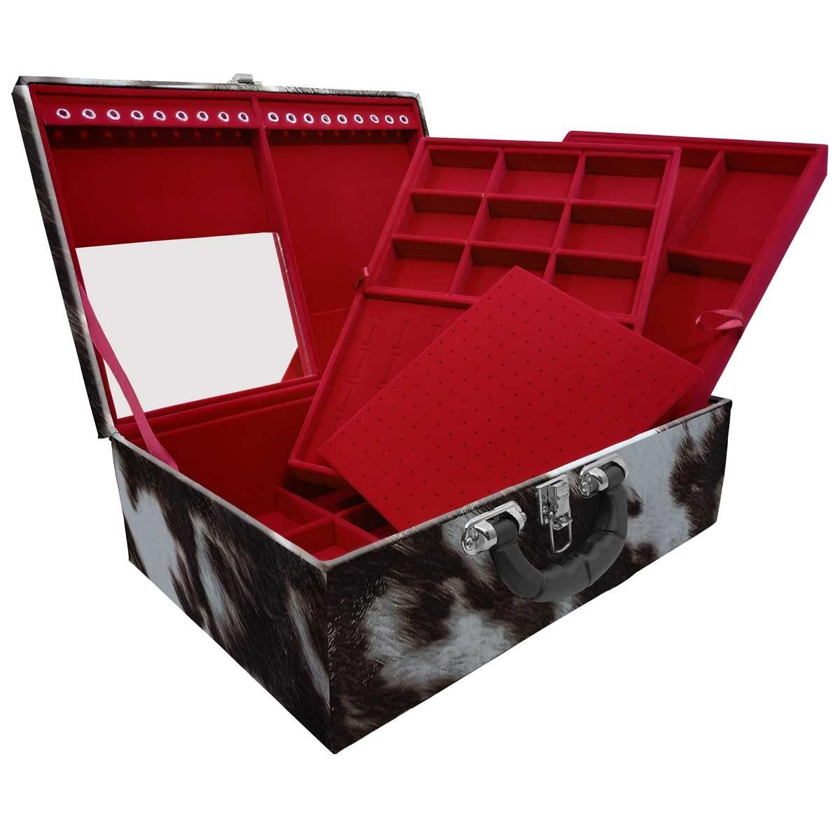 Estojo Maleta Porta Jóias Triplo Grande Vaca Com Alça Preta e Espelho