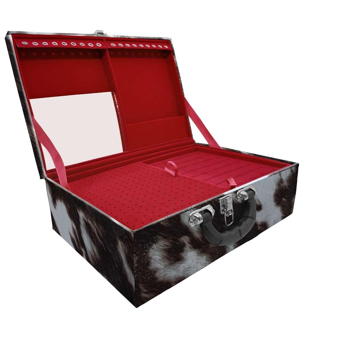 Estojo Maleta Porta Jóias Triplo Grande Vaca Com Alça Preta e Espelho