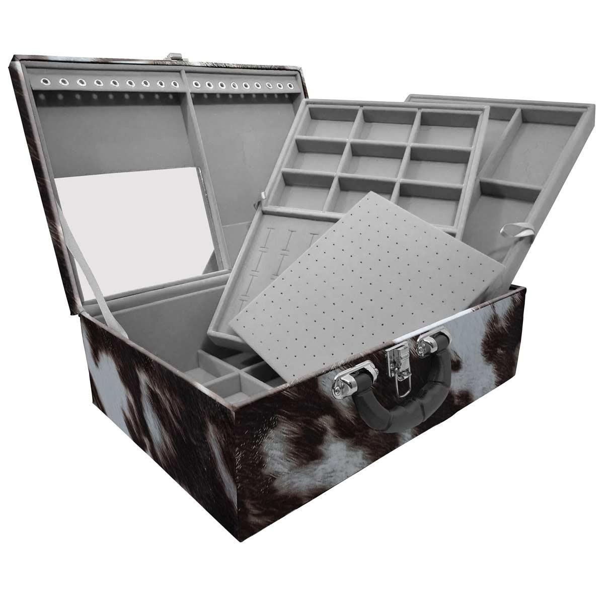 Estojo Maleta Porta Jóias Triplo Grande Vaca Com Alça Preta e Espelho