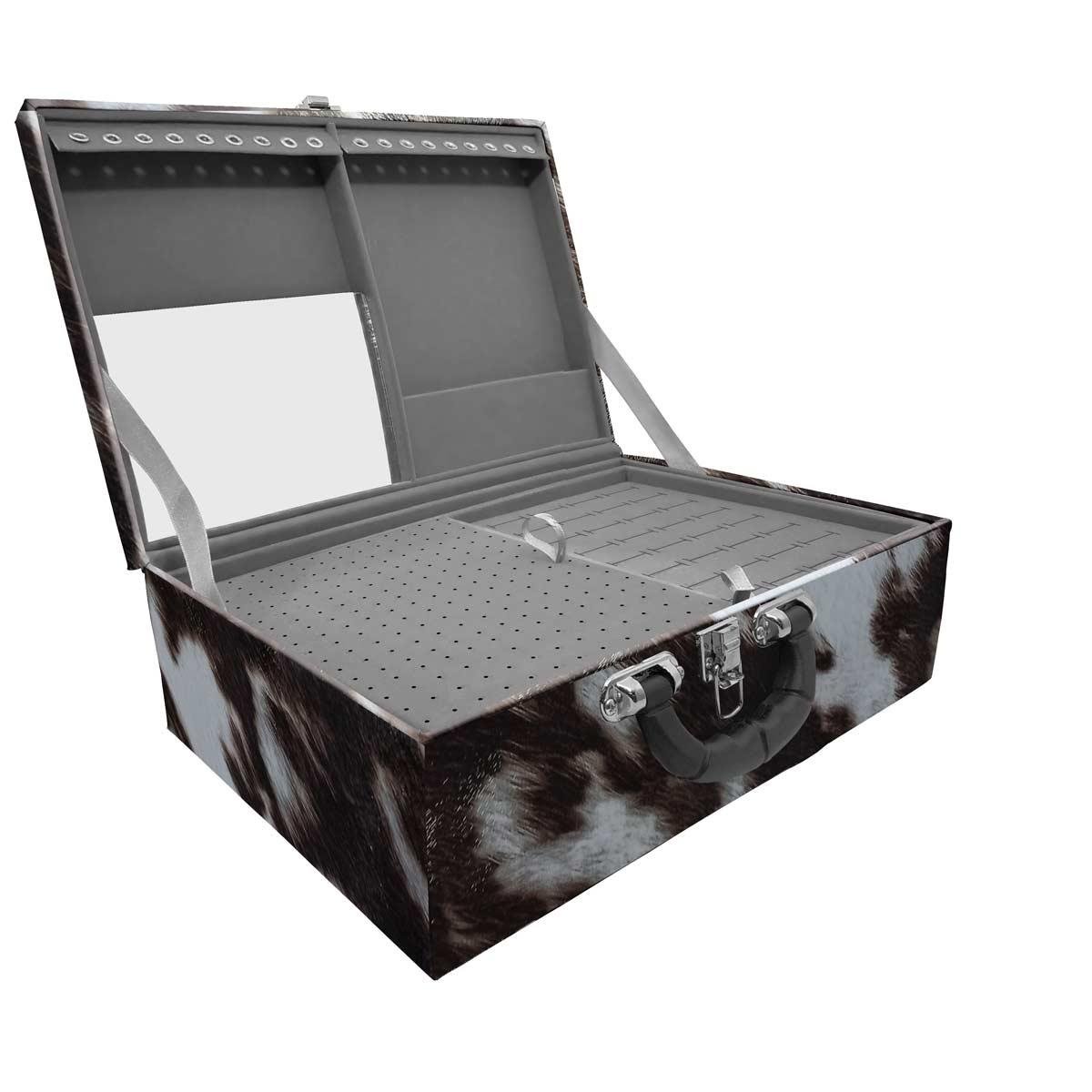 Estojo Maleta Porta Jóias Triplo Grande Vaca Com Alça Preta e Espelho