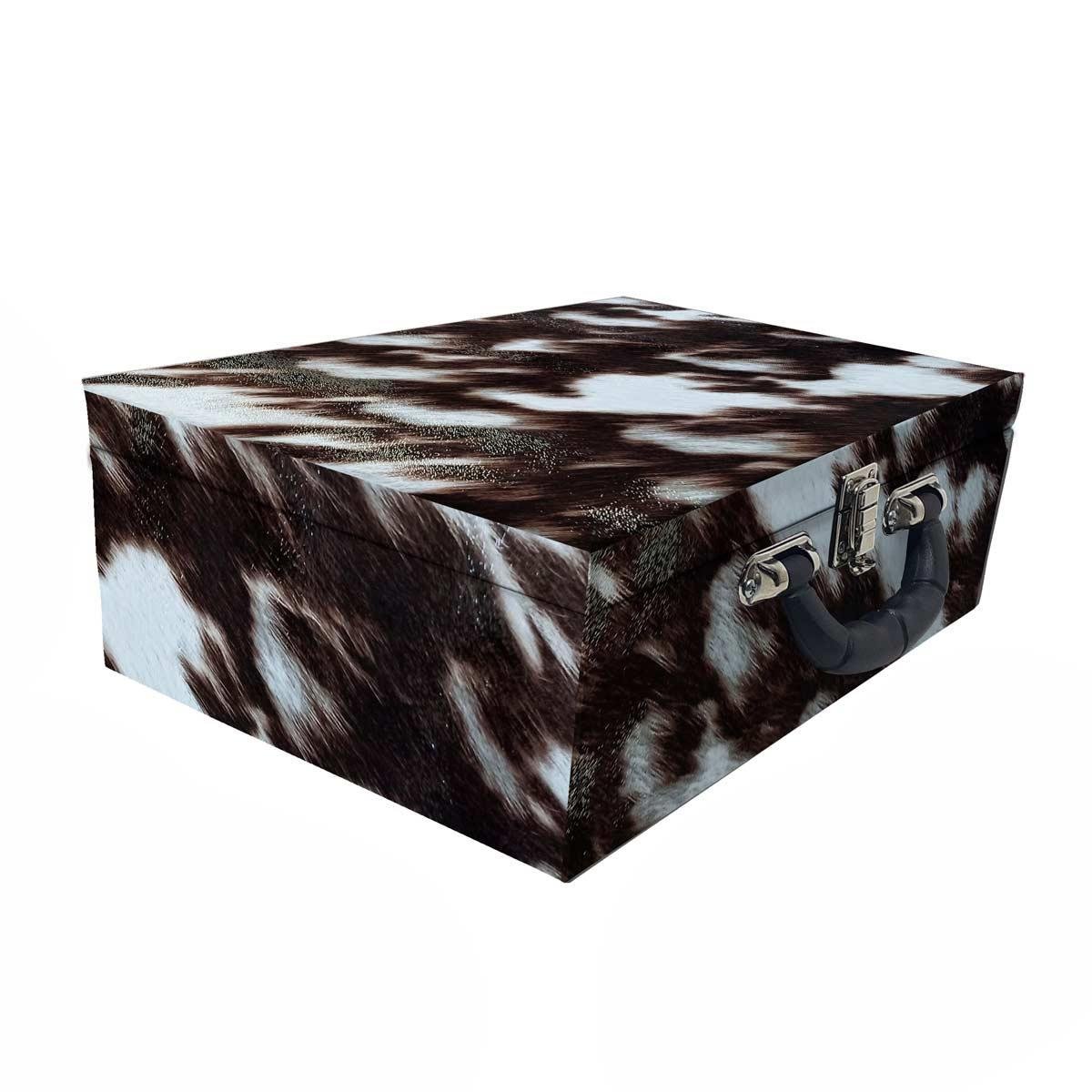 Estojo Maleta Porta Jóias Triplo Grande Vaca Com Alça Preta e Espelho