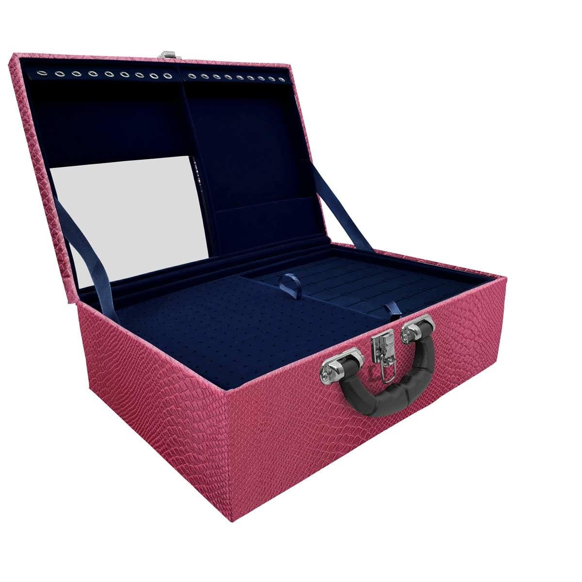 Estojo Maleta Porta Jóias Triplo Grande Vibora Pink Metalizada Com Alça Preta e Espelho