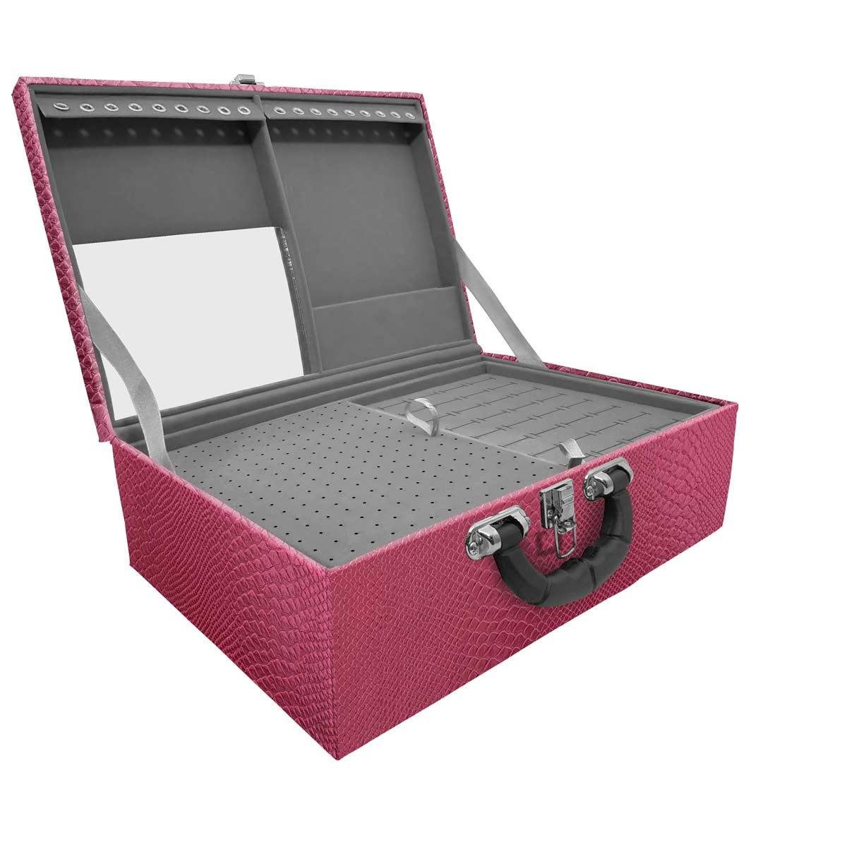 Estojo Maleta Porta Jóias Triplo Grande Vibora Pink Metalizada Com Alça Preta e Espelho