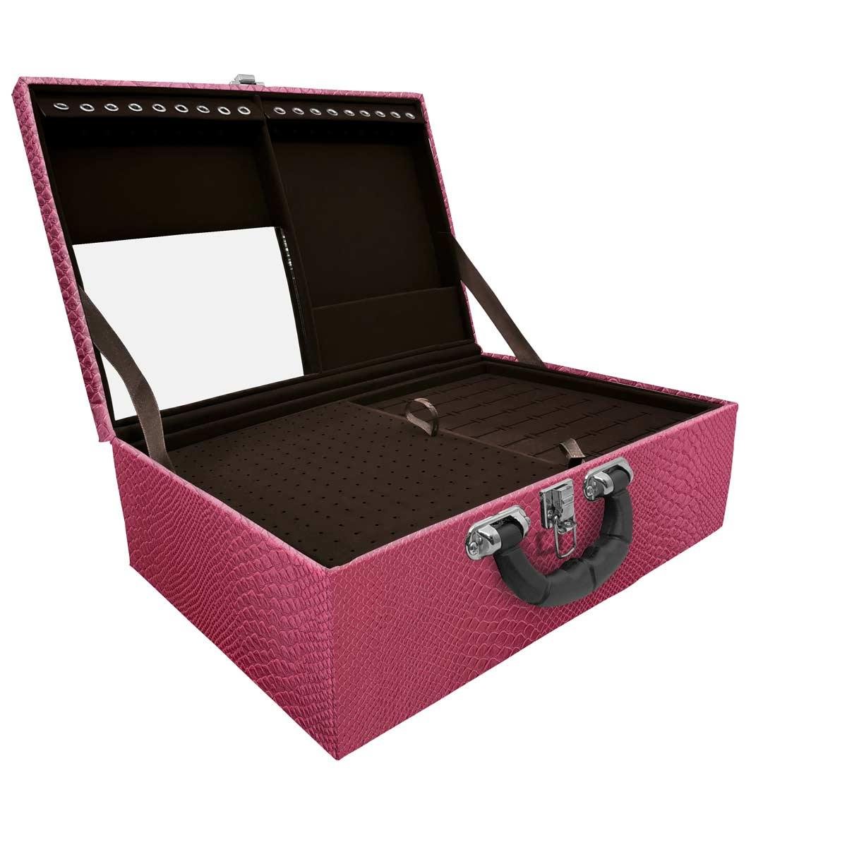 Estojo Maleta Porta Jóias Triplo Grande Vibora Pink Metalizada Com Alça Preta e Espelho
