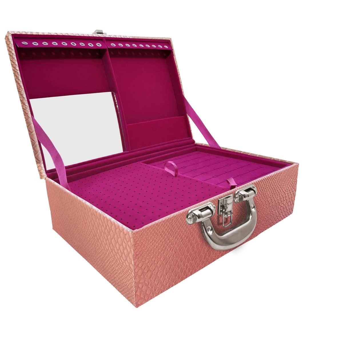 Estojo Maleta Porta Jóias Triplo Grande Vibora Rosa Bebe Metalizada Com Alça Cromada e Espelho