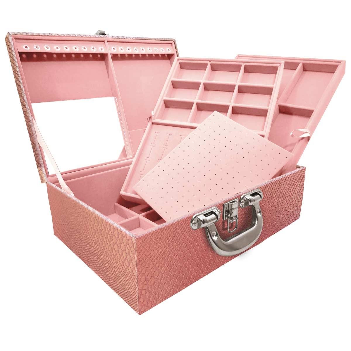 Estojo Maleta Porta Jóias Triplo Grande Vibora Rosa Bebe Metalizada Com Alça Cromada e Espelho