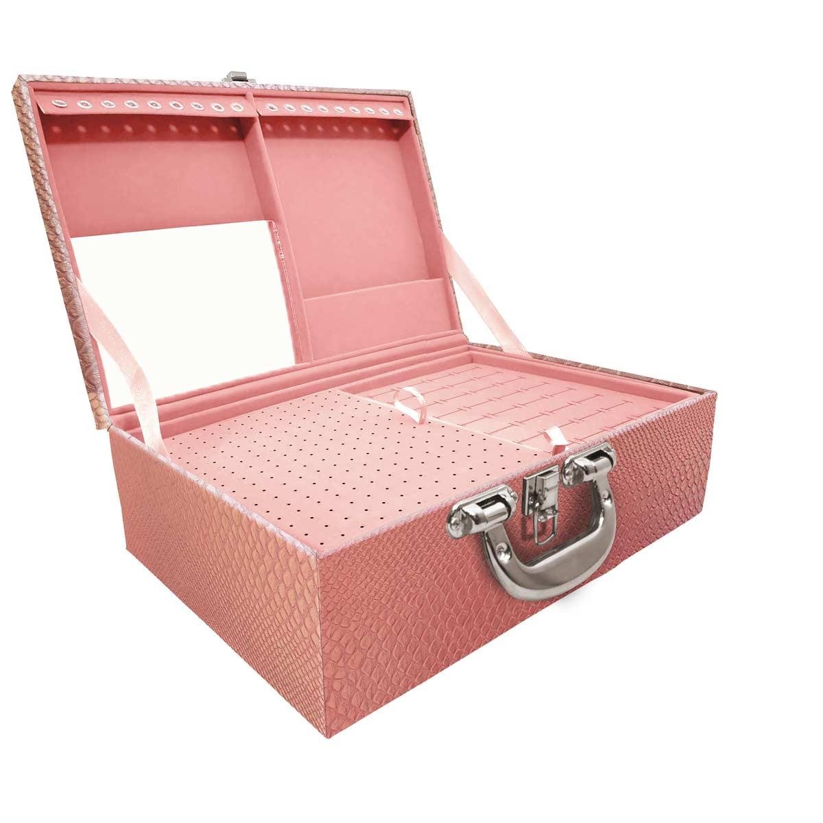 Estojo Maleta Porta Jóias Triplo Grande Vibora Rosa Bebe Metalizada Com Alça Cromada e Espelho