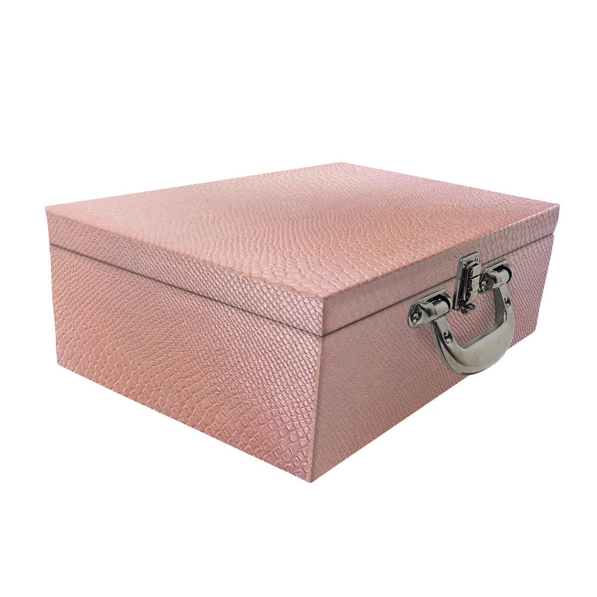 Estojo Maleta Porta Jóias Triplo Grande Vibora Rosa Bebe Metalizada Com Alça Cromada e Espelho