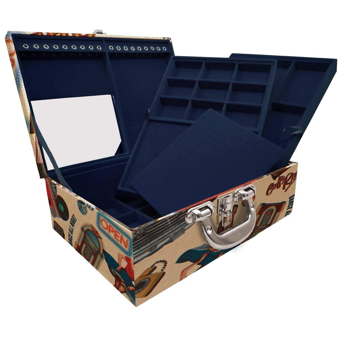 Estojo Maleta Porta Jóias Triplo Grande Vintage Bege Com Alça Cromada e Espelho