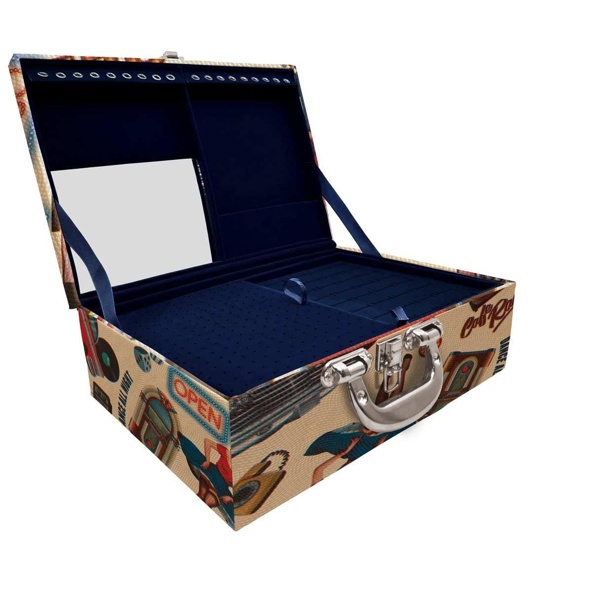 Estojo Maleta Porta Jóias Triplo Grande Vintage Bege Com Alça Cromada e Espelho