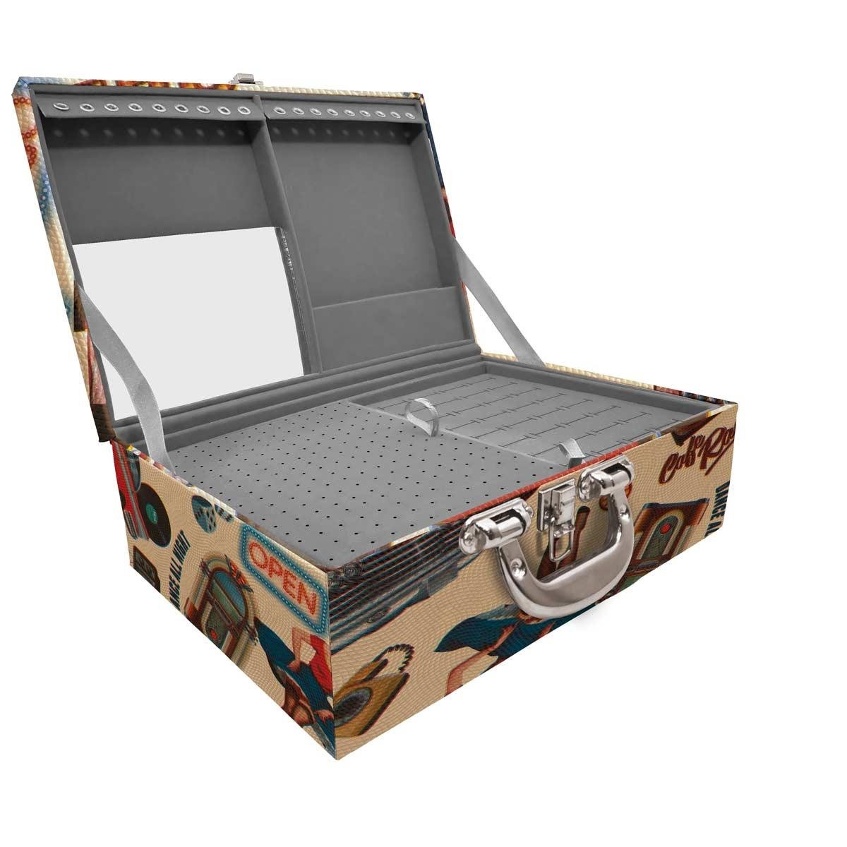 Estojo Maleta Porta Jóias Triplo Grande Vintage Bege Com Alça Cromada e Espelho