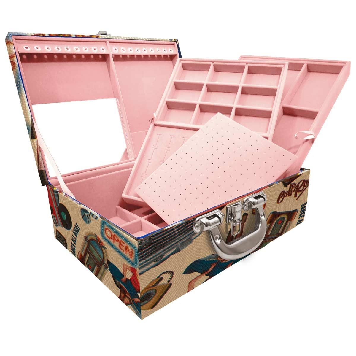 Estojo Maleta Porta Jóias Triplo Grande Vintage Bege Com Alça Cromada e Espelho