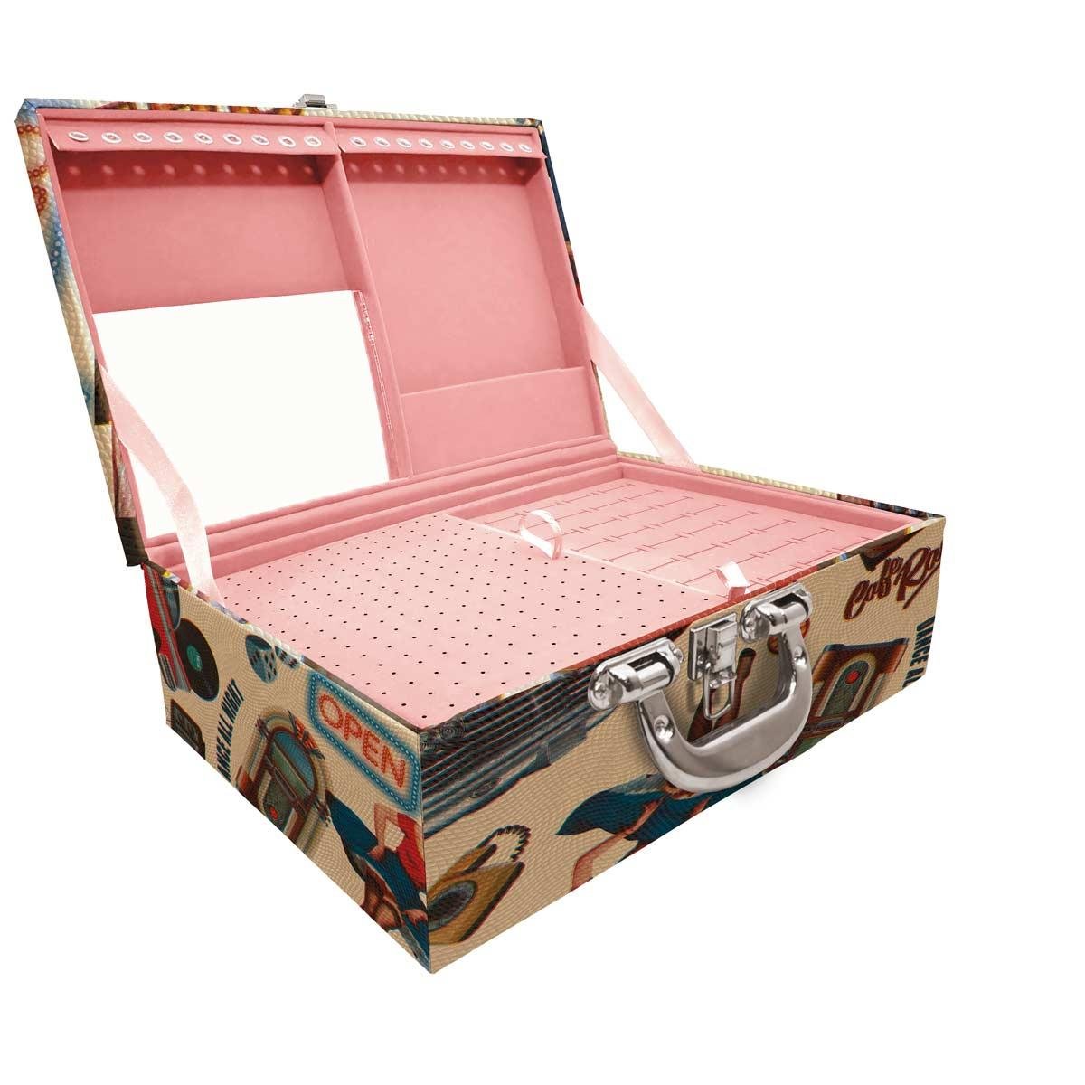 Estojo Maleta Porta Jóias Triplo Grande Vintage Bege Com Alça Cromada e Espelho