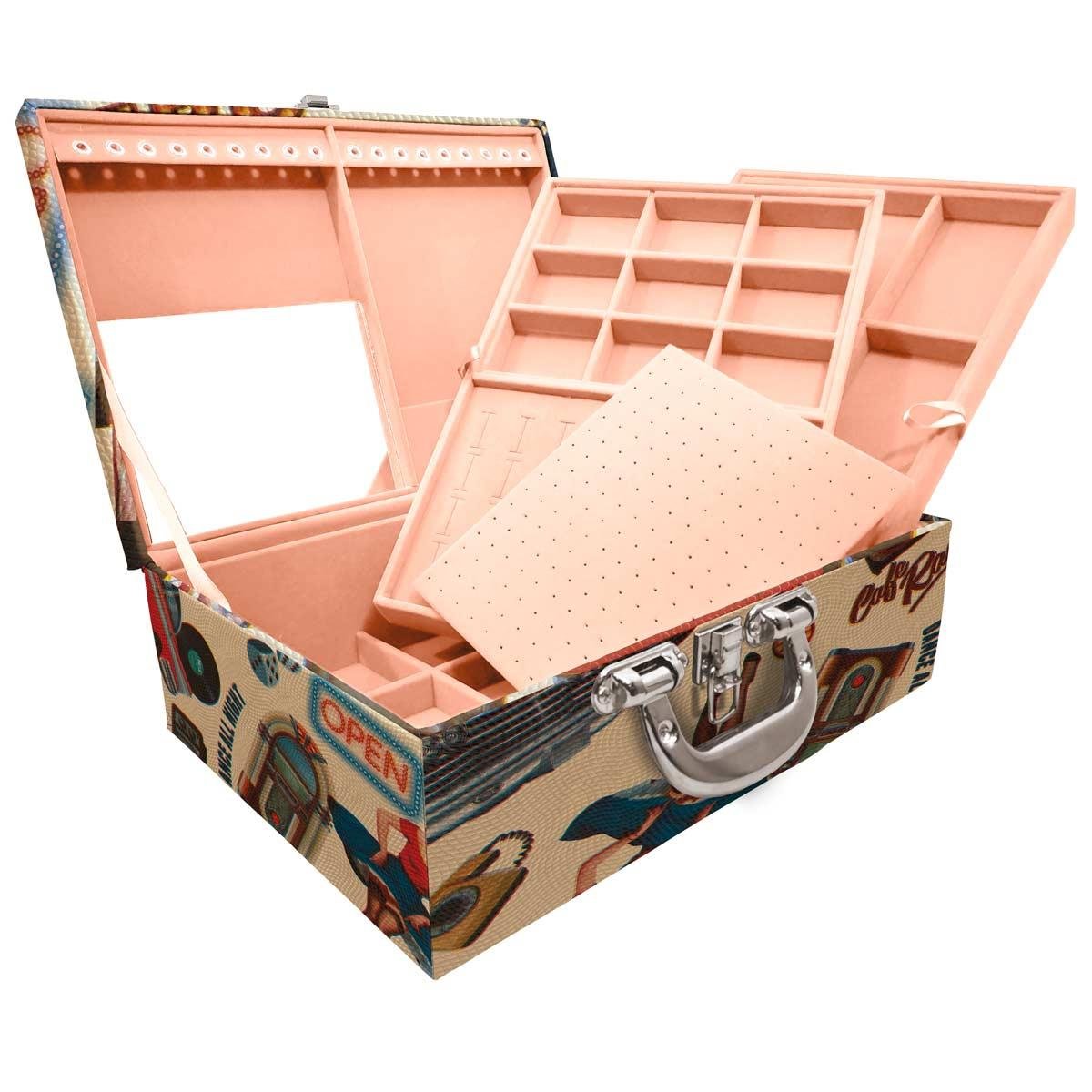 Estojo Maleta Porta Jóias Triplo Grande Vintage Bege Com Alça Cromada e Espelho