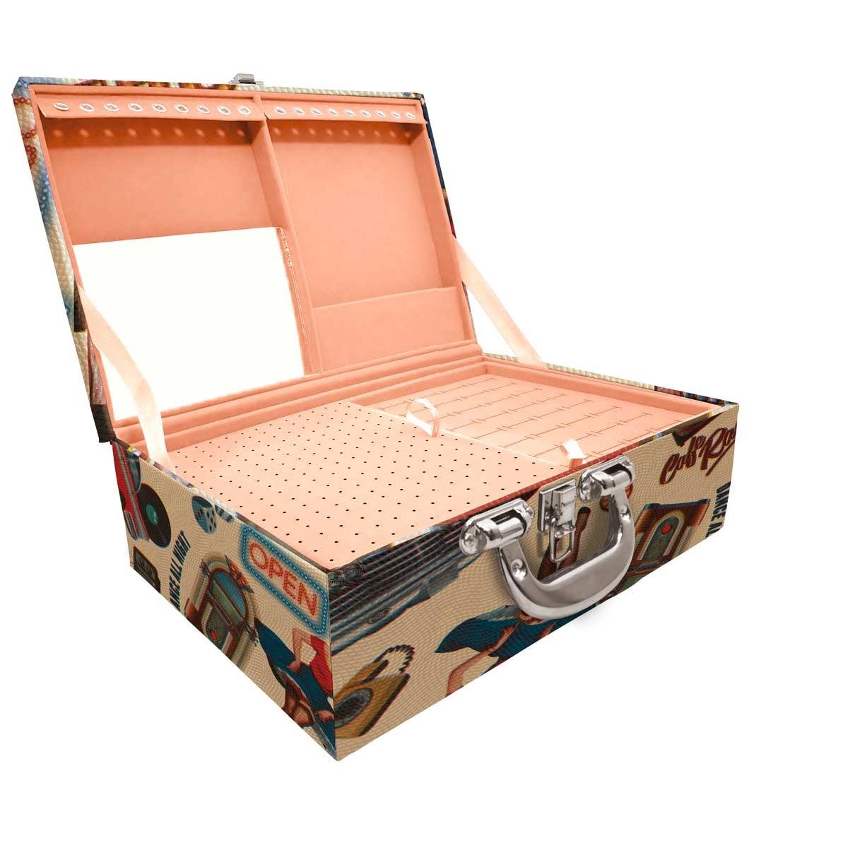 Estojo Maleta Porta Jóias Triplo Grande Vintage Bege Com Alça Cromada e Espelho