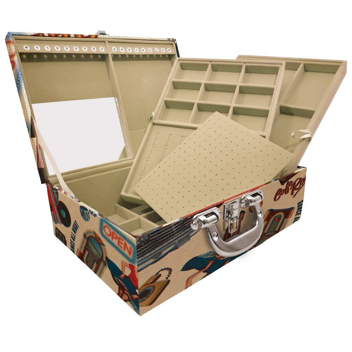 Estojo Maleta Porta Jóias Triplo Grande Vintage Bege Com Alça Cromada e Espelho