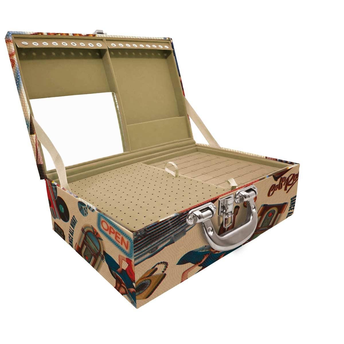 Estojo Maleta Porta Jóias Triplo Grande Vintage Bege Com Alça Cromada e Espelho