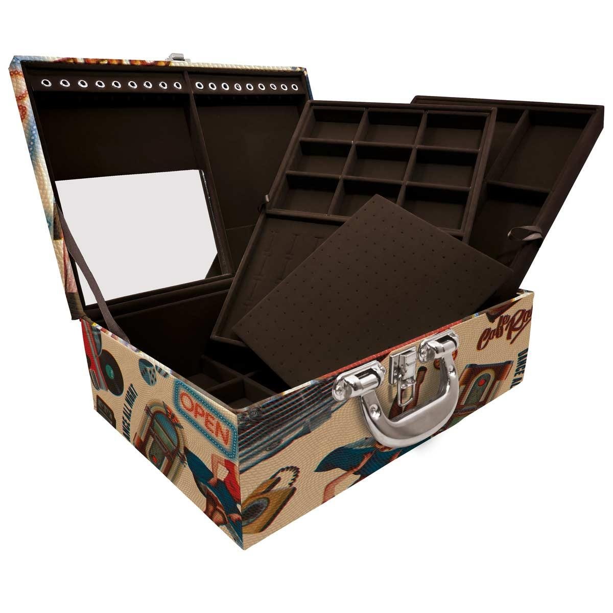 Estojo Maleta Porta Jóias Triplo Grande Vintage Bege Com Alça Cromada e Espelho