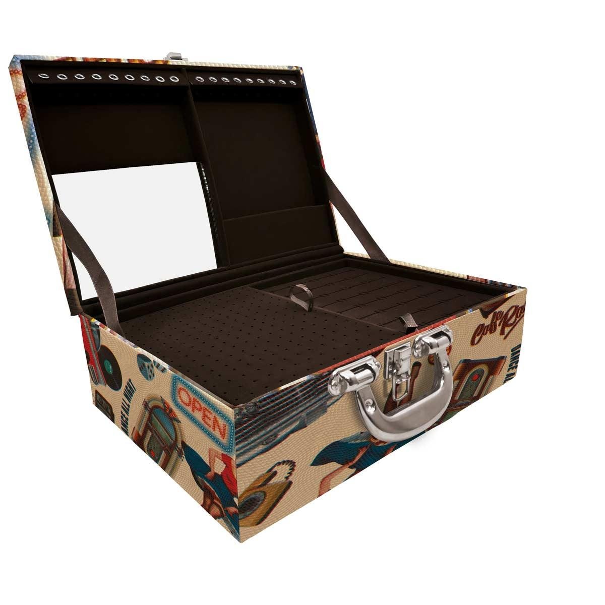 Estojo Maleta Porta Jóias Triplo Grande Vintage Bege Com Alça Cromada e Espelho