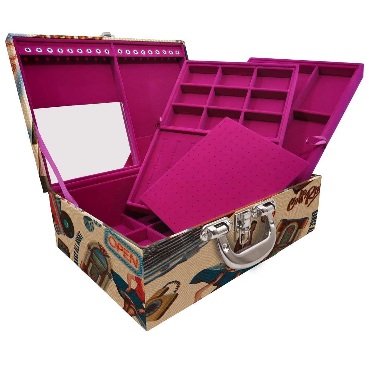 Estojo Maleta Porta Jóias Triplo Grande Vintage Bege Com Alça Cromada e Espelho