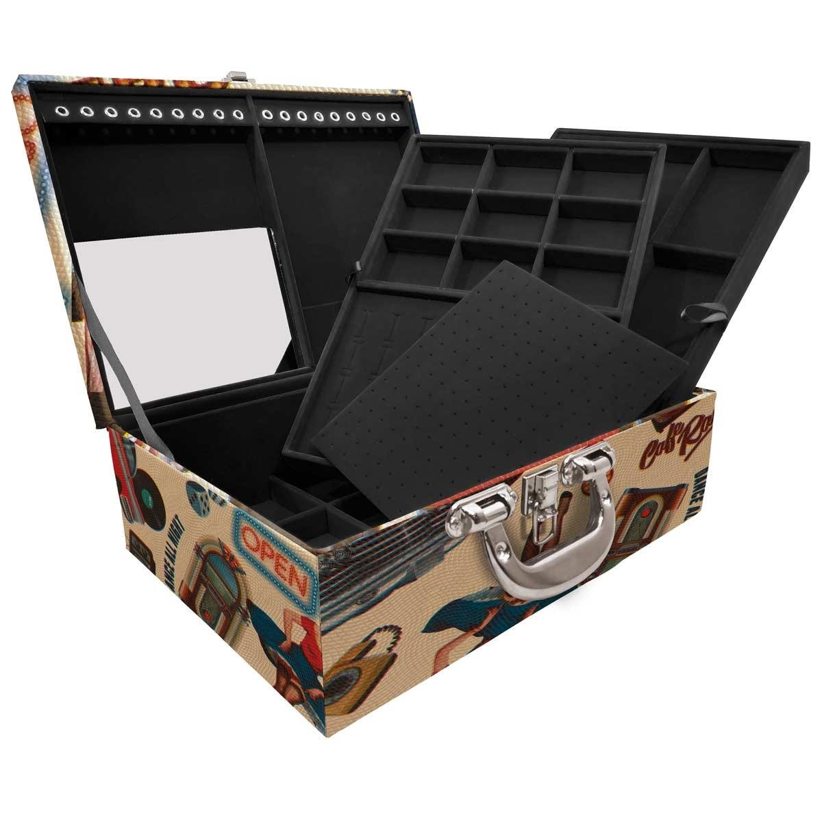 Estojo Maleta Porta Jóias Triplo Grande Vintage Bege Com Alça Cromada e Espelho