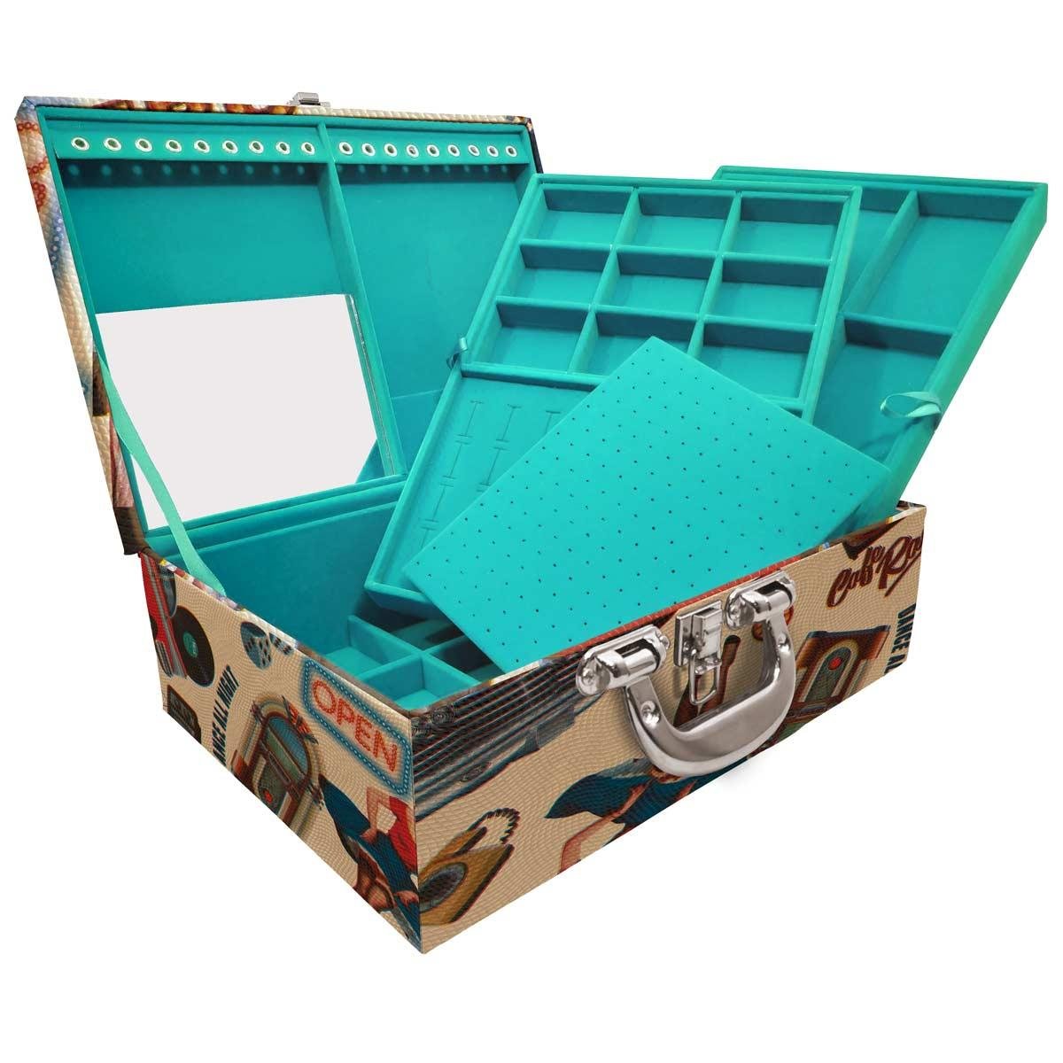 Estojo Maleta Porta Jóias Triplo Grande Vintage Bege Com Alça Cromada e Espelho