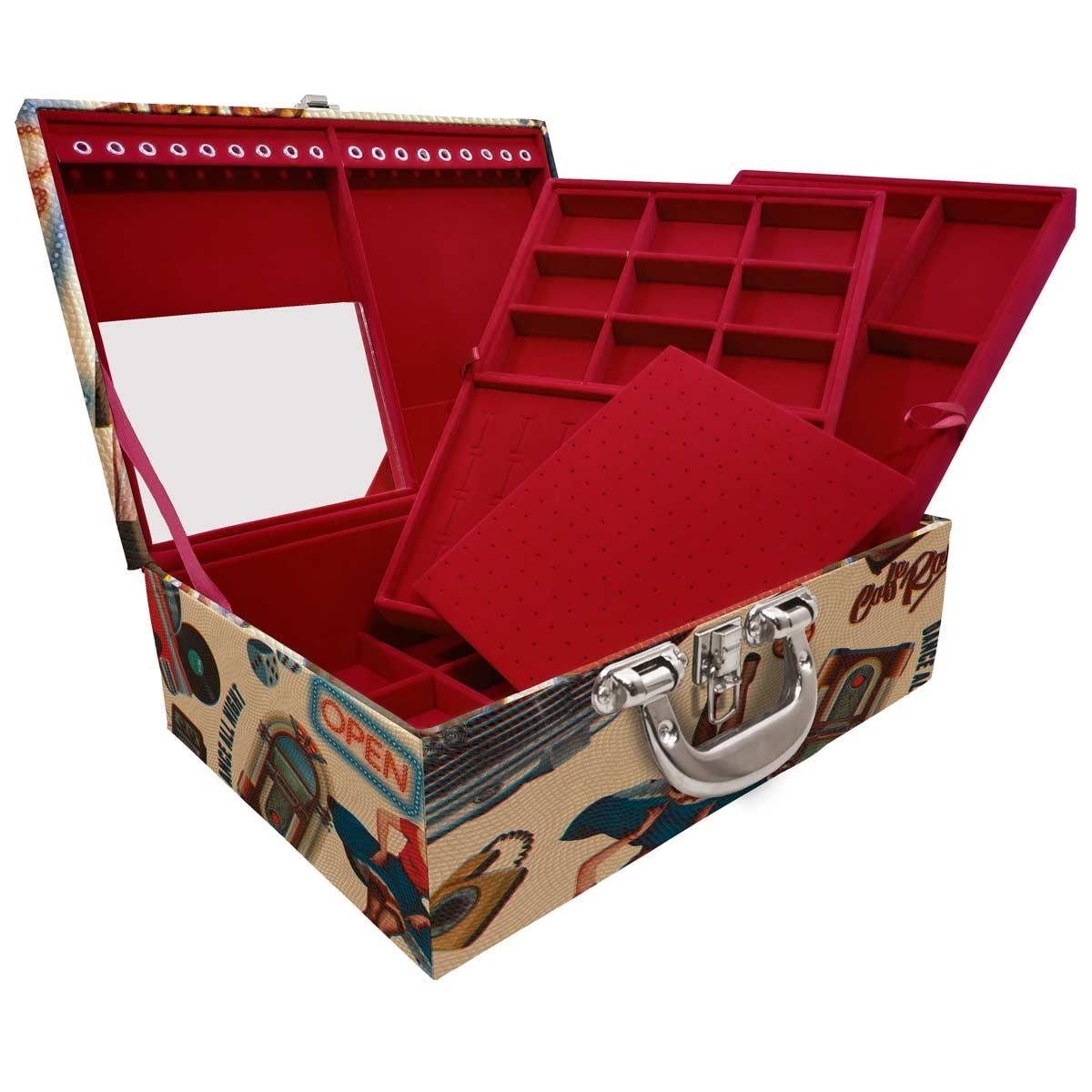 Estojo Maleta Porta Jóias Triplo Grande Vintage Bege Com Alça Cromada e Espelho