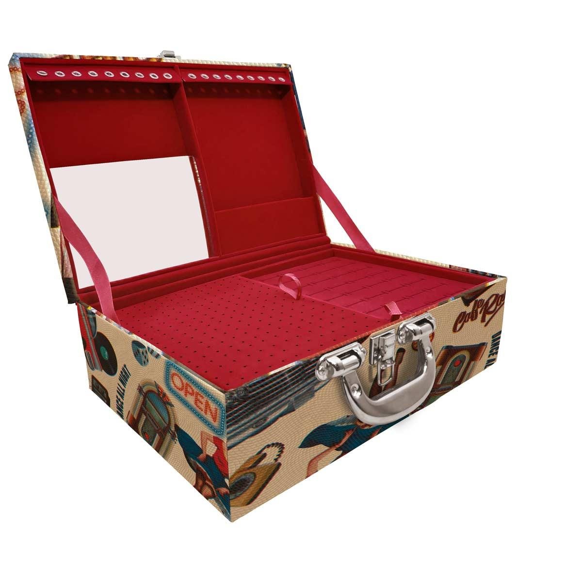 Estojo Maleta Porta Jóias Triplo Grande Vintage Bege Com Alça Cromada e Espelho