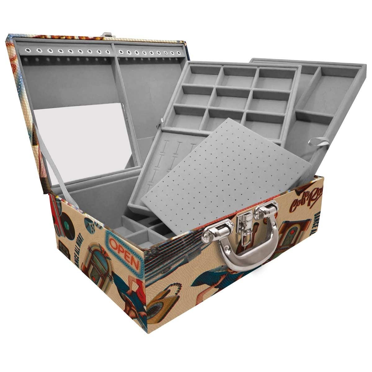 Estojo Maleta Porta Jóias Triplo Grande Vintage Bege Com Alça Cromada e Espelho