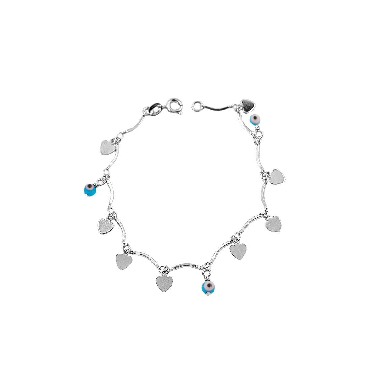 Pulseira Olho Grego E Corações Folheado A Prata