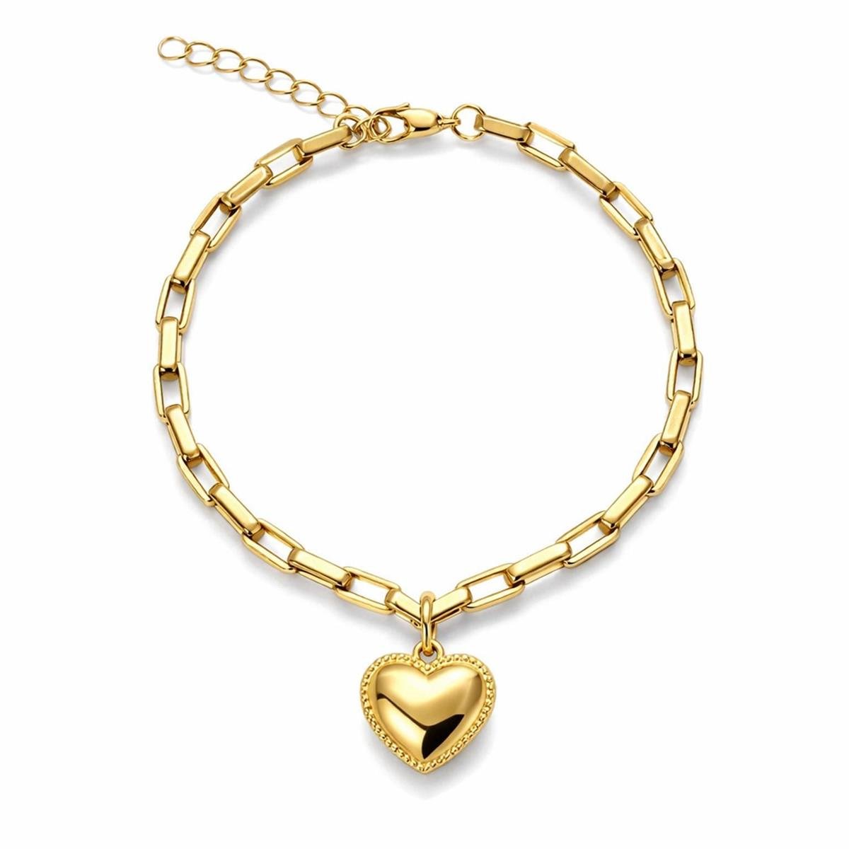 Pulseira com Coração 18cm Aço Inox com Banho Ouro 18k