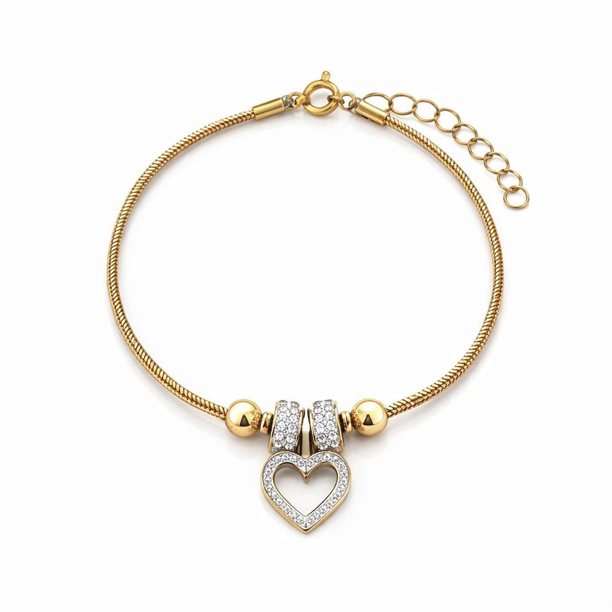 Pulseira Coração Cravejado 18cm Aço Inox com Banho Ouro 18k
