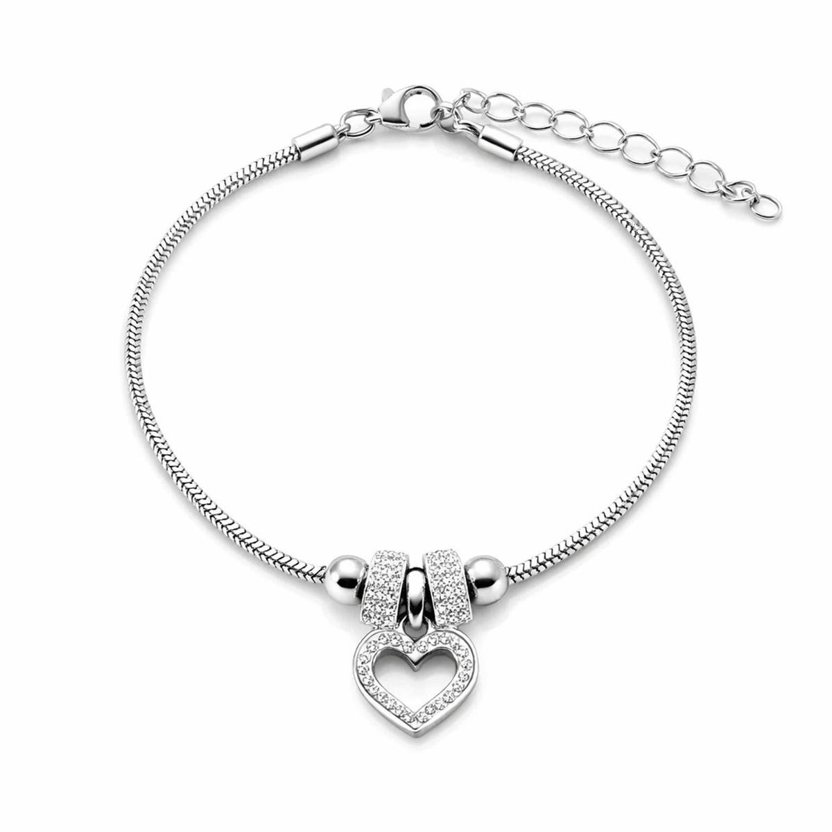 Pulseira Coração Cravejado 18cm Aço Inox