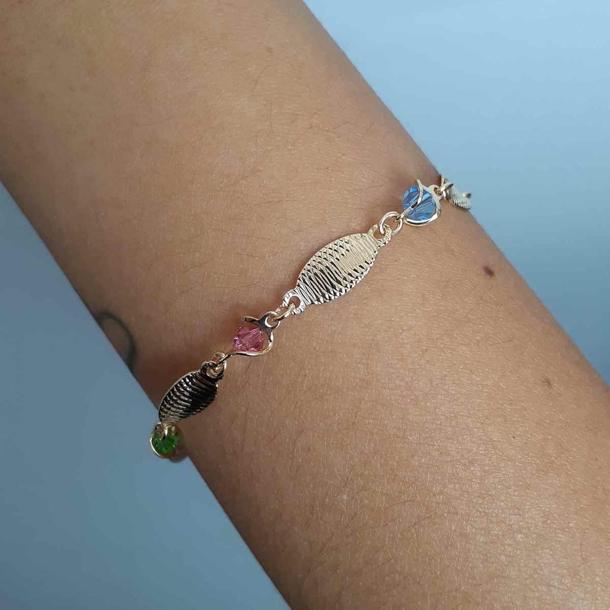 Pulseira Com Chapinha e Pedras Colorido Folheado a Ouro