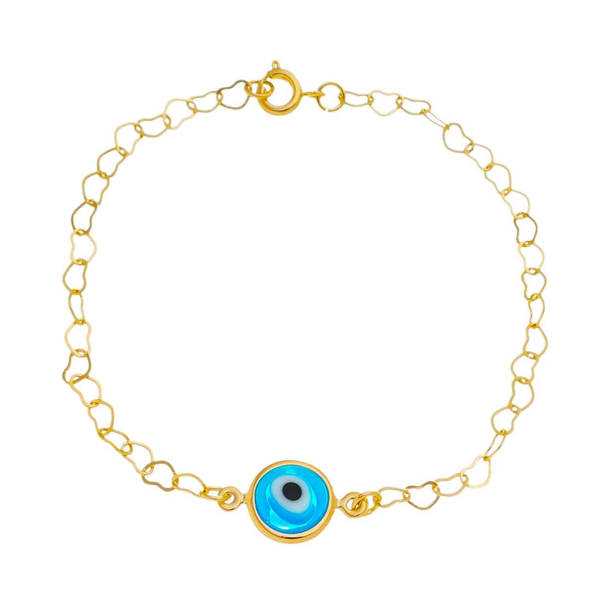 PULSEIRA BANHADA A OURO COM OLHO GREGO ELO CORAÇÃO 18CM