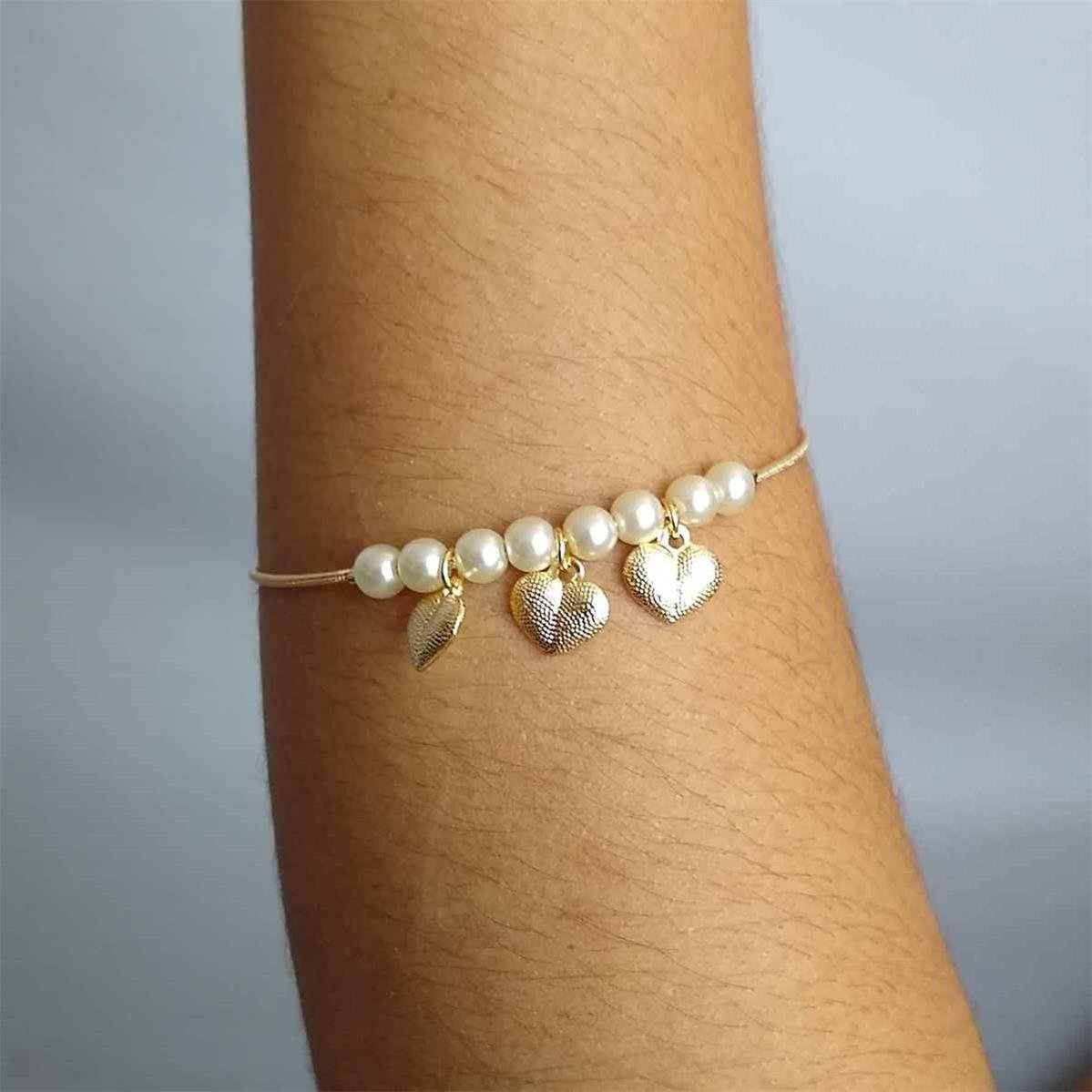 Pulseira Rabo de Rato com Pérola e Coração Folheado a Ouro