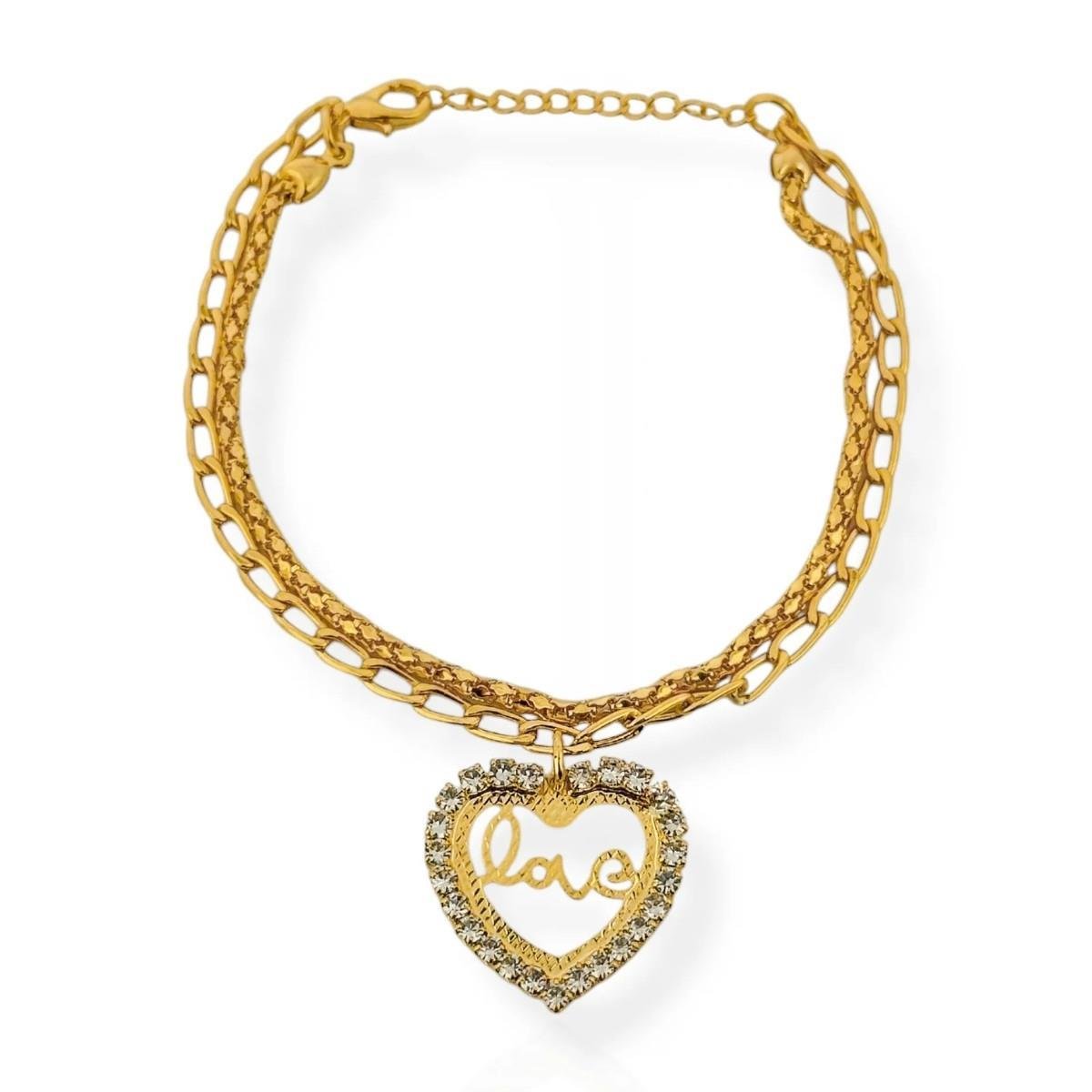 PULSEIRA BANHADA A OURO DUPLA CORALÇAO CRAVEJADO ESCRITO LOVE