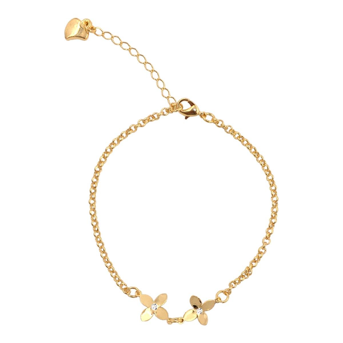 Pulseira Elo Português Com Duas Flores Folheado A Ouro