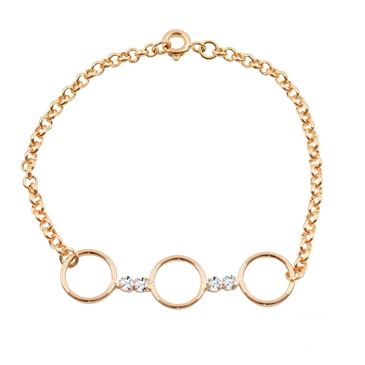 Pulseira Elo Portugues com Círculo e Strass Folheado a Ouro