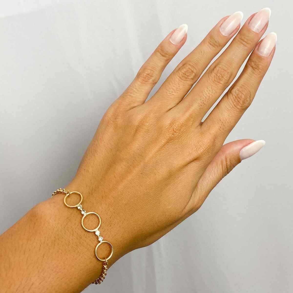 Pulseira Elo Portugues com Círculo e Strass Folheado a Ouro