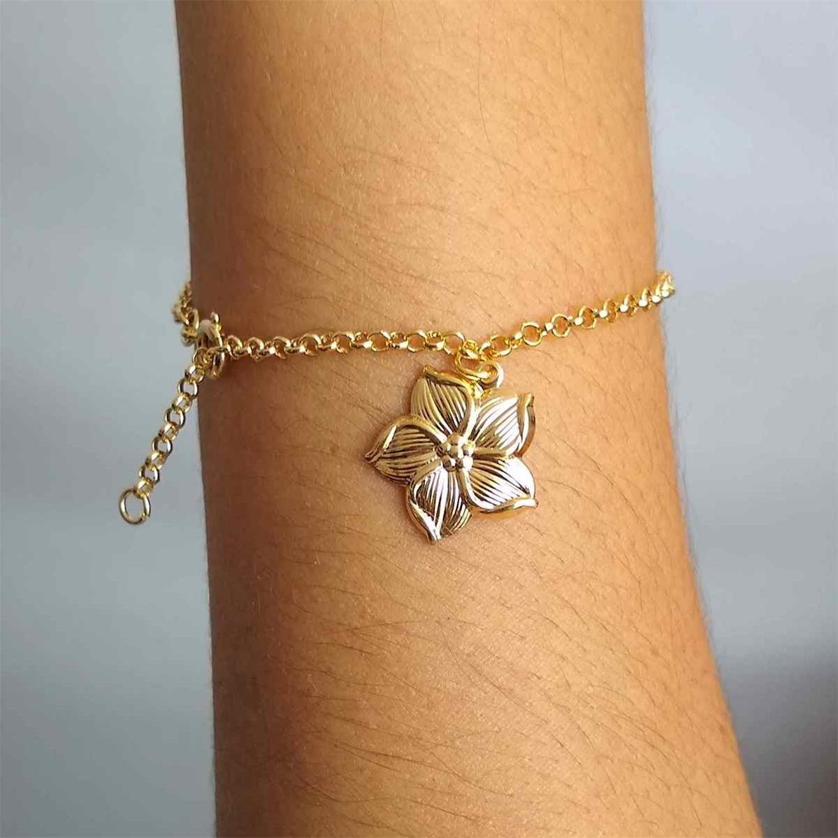 Pulseira Elo Português com Flor Folheado a Ouro