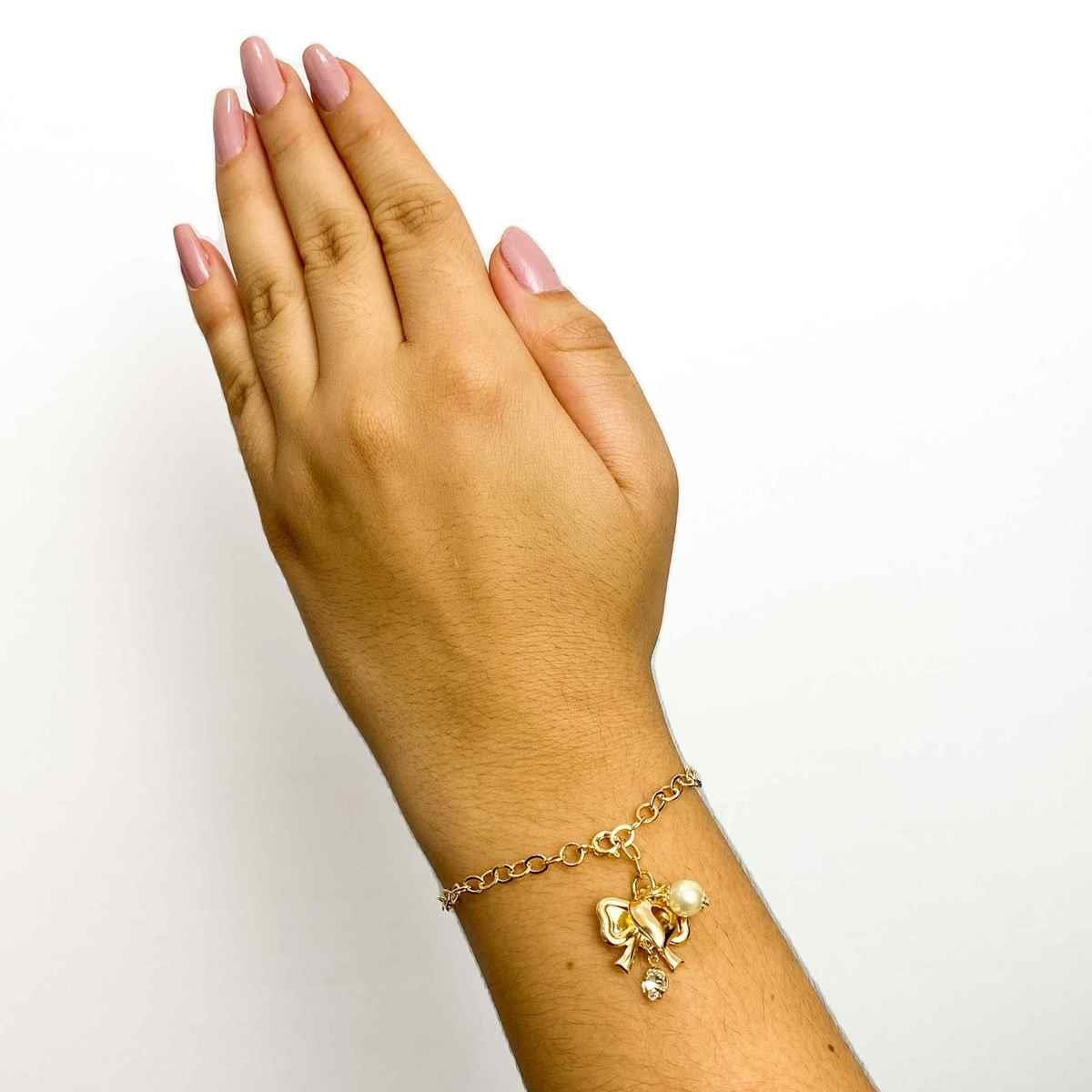 Pulseira Cadeado de Laço e Ponto de Luz Folheado a Ouro
