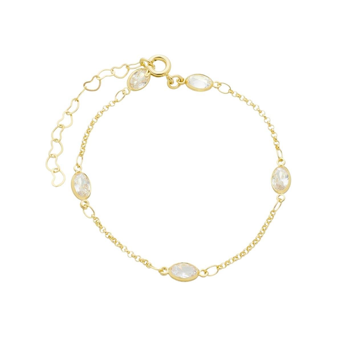 PULSEIRA BANHADA A OURO ELO PORTUGUÊS COM PEDRAS OVAIS 18CM
