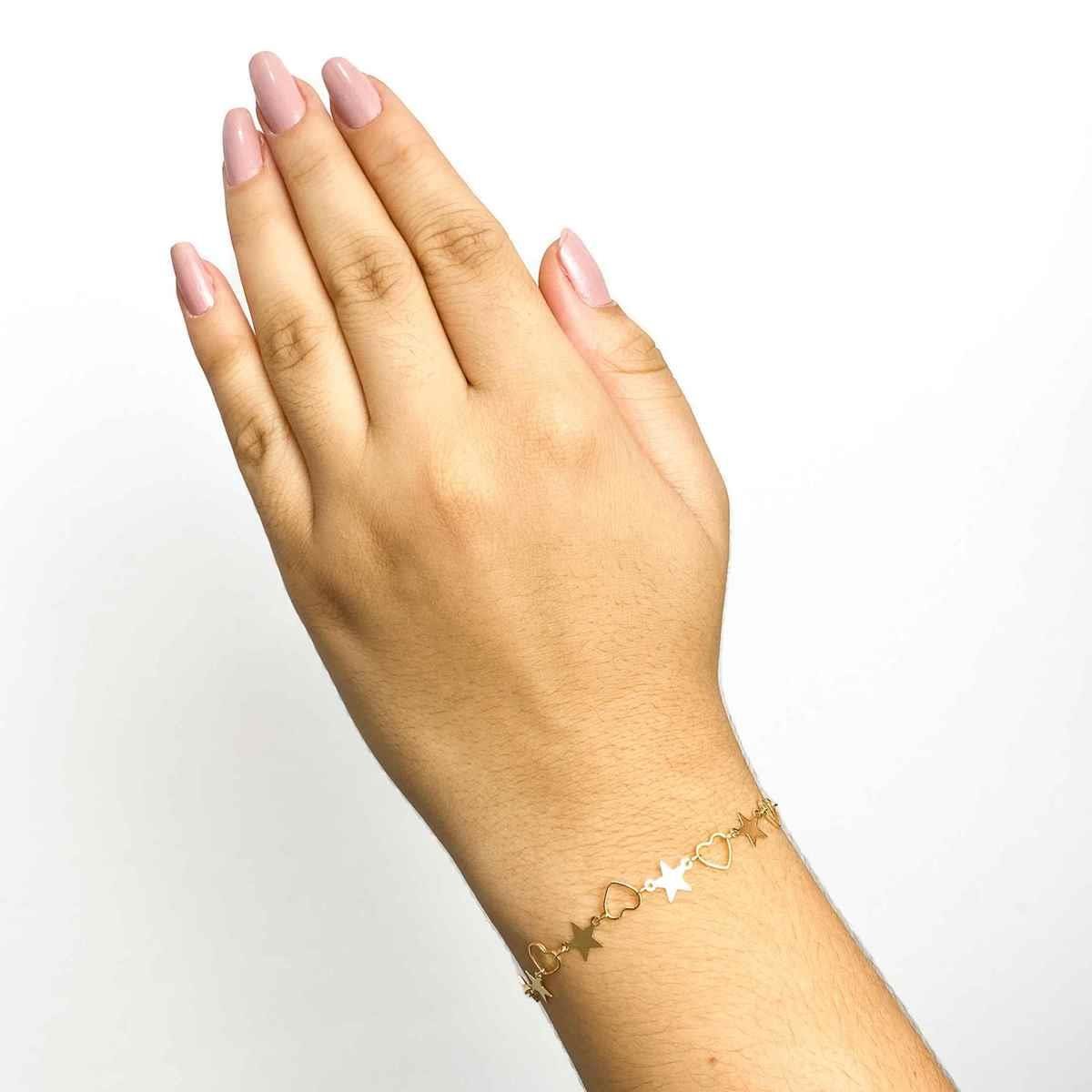 Pulseira Lisa de Estrela e Coração Folheado a Ouro