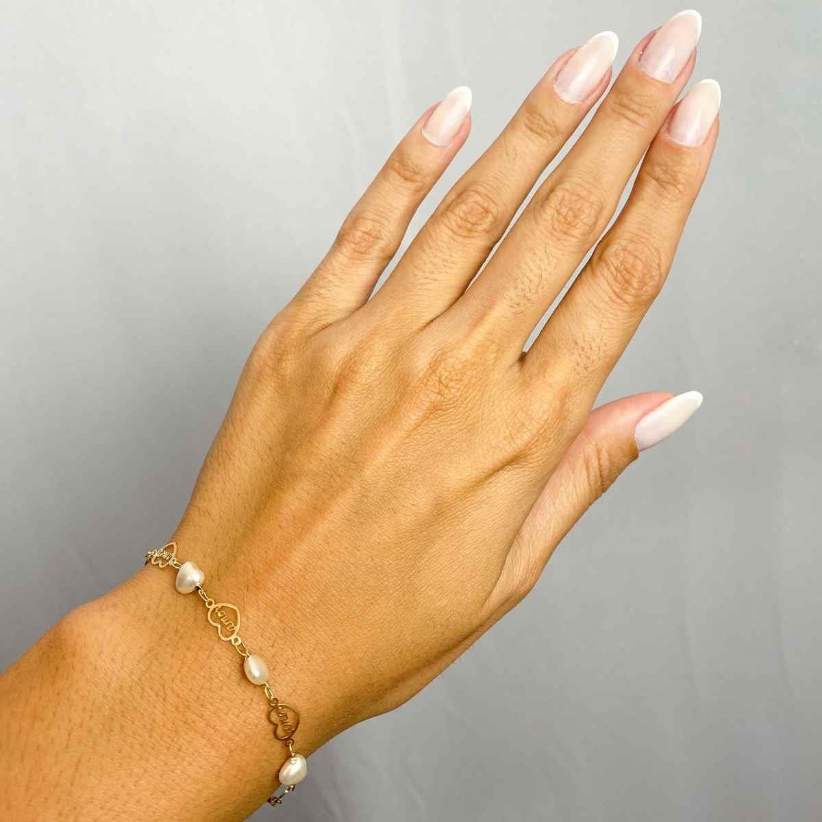Pulseira Perola Coração Folheado a Ouro