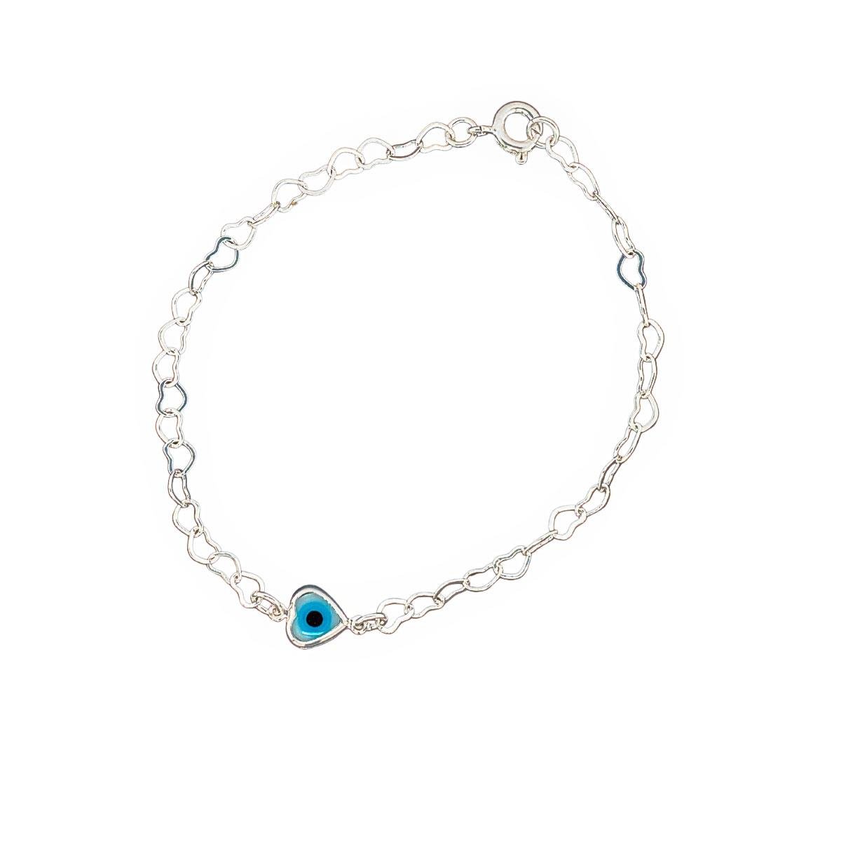 PULSEIRA BANHADA A PRATA OLHO GREGO CORAÇÃO 18CM