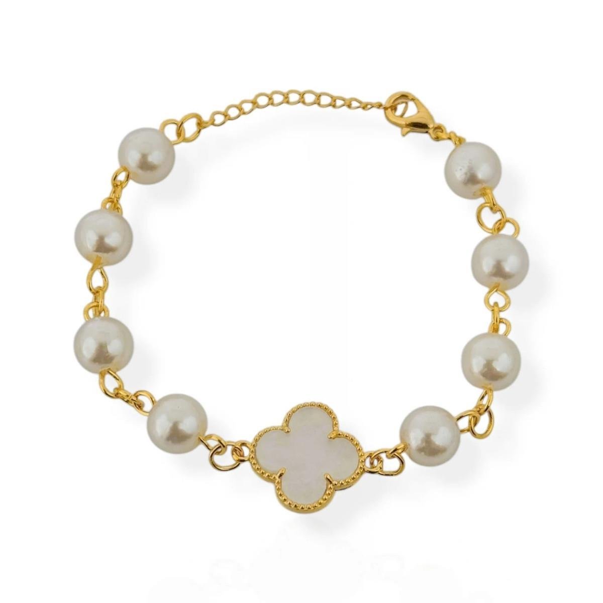 PULSEIRA BANHADO A OURO DE PEROLA E TREVO 18CM COM EXTENSOR