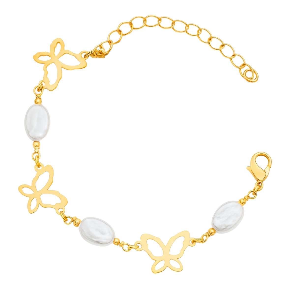 Pulseira Borboletas e Pérolas 18cm Banhado a Ouro