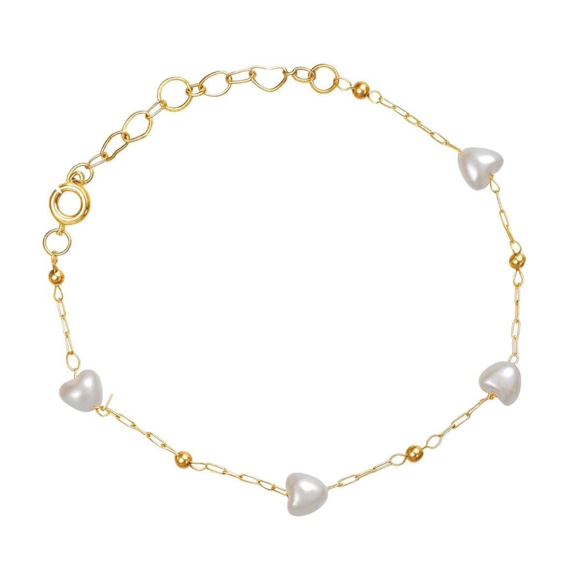 Pulseira Corações de Pérola 18cm Banhado a Ouro